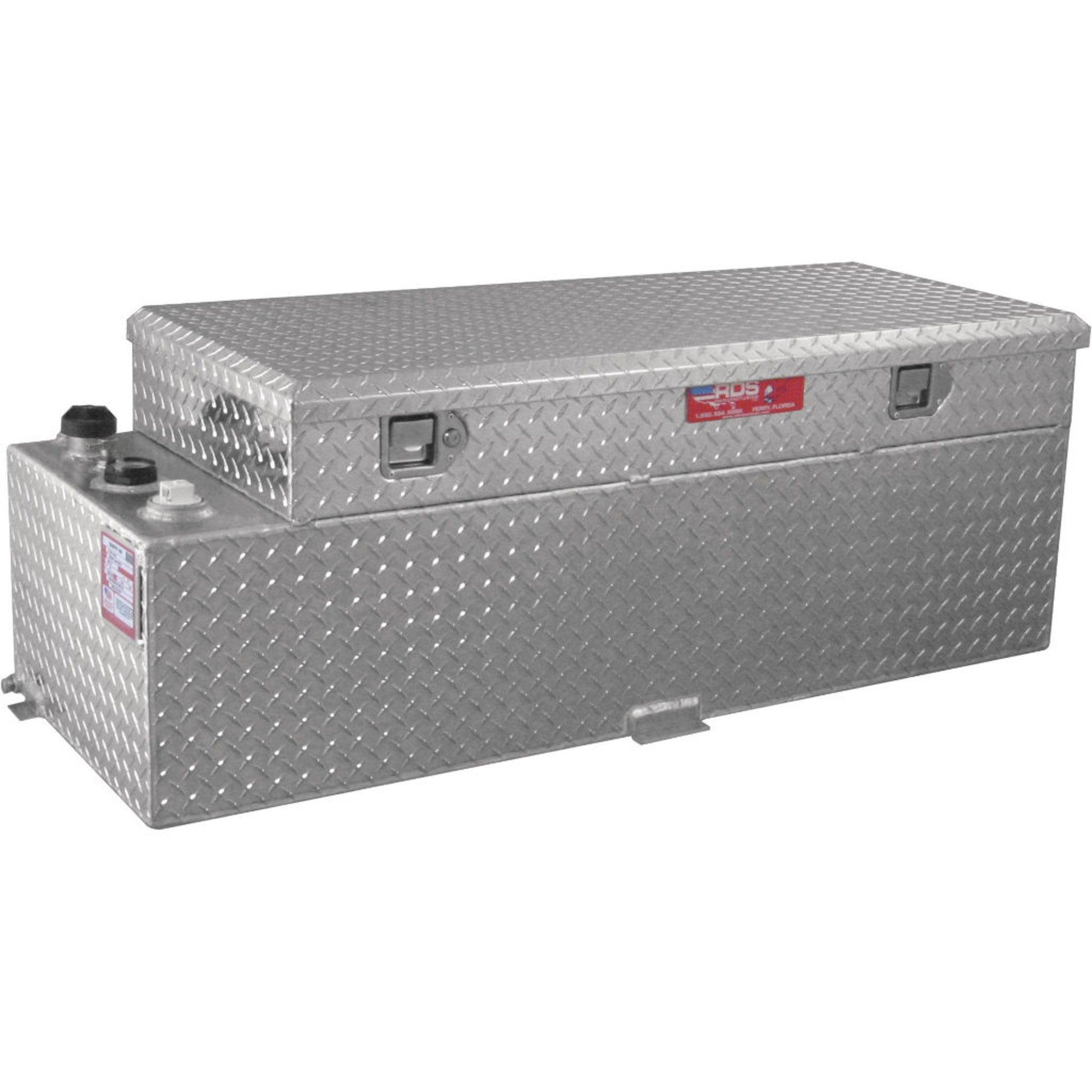 RDS 60-gallon diamond-plate aluminum auxiliary transfer fuel tank with toolbox: lockable lid, fill cap, vent, and mounting tabs for secure installation.