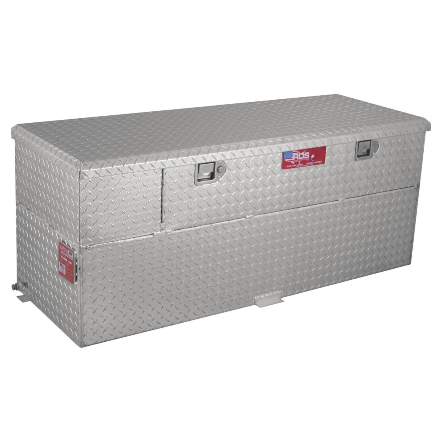 RDS 60-gallon diamond-plate aluminum transfer fuel tank with toolbox: lockable lid, fill cap, vent, and bracket for secure truck bed mounting.
