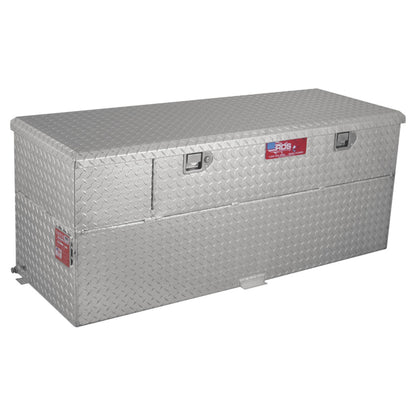 RDS 60-gallon diamond-plate aluminum transfer fuel tank with toolbox: lockable lid, fill cap, vent, and bracket for secure truck bed mounting.