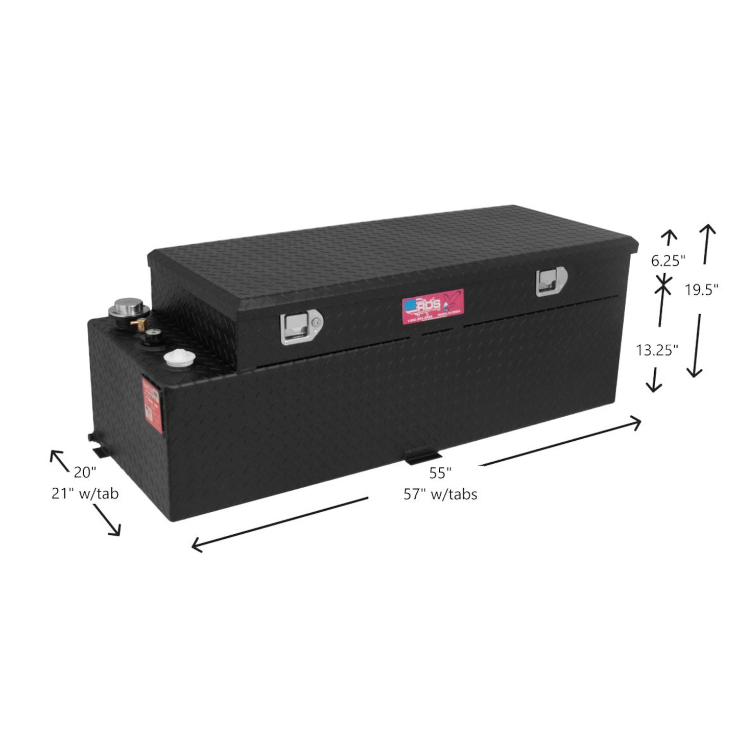 RDS 60-gallon black aluminum transfer fuel tank/toolbox dimensions: 20"H tank, 6.25"H toolbox, 55"L tank body, 57"L with tabs for truck bed fit.