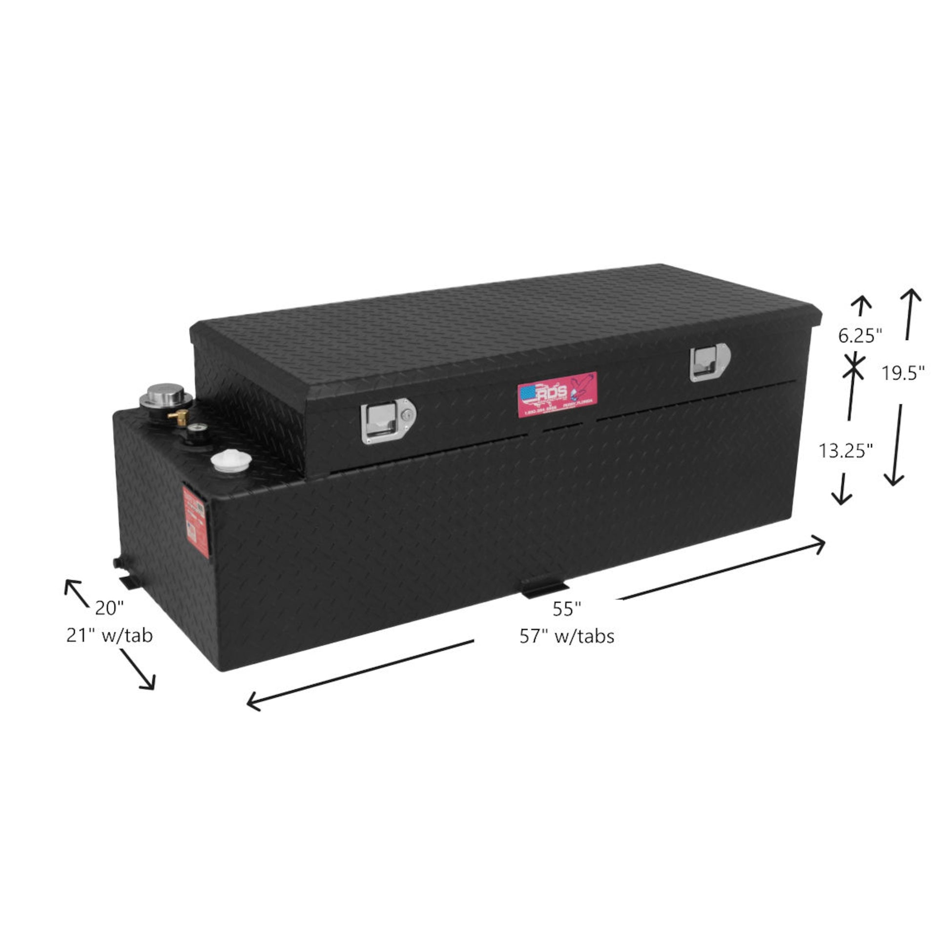 RDS 60-gallon black aluminum transfer fuel tank/toolbox dimensions: 20"H tank, 6.25"H toolbox, 55"L tank body, 57"L with tabs for truck bed fit.