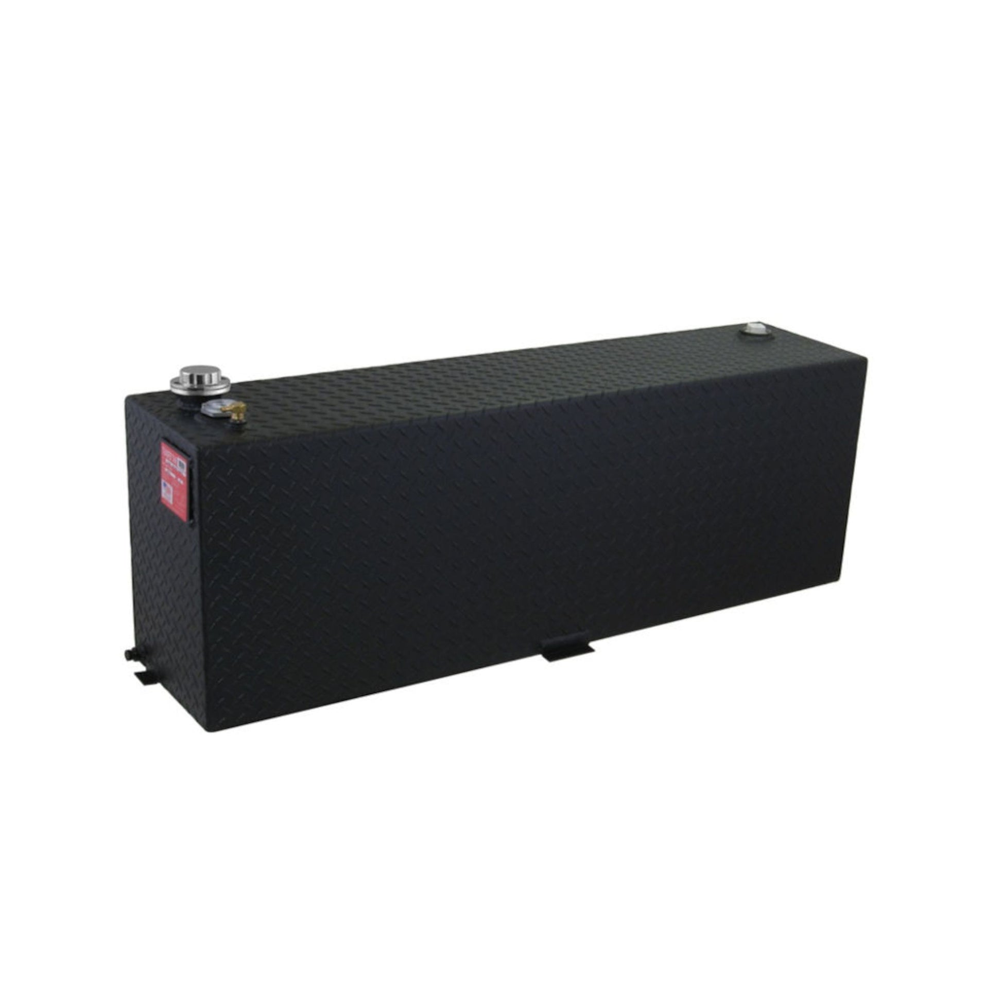 RDS 60-gallon black diamond-plate aluminum transfer fuel tank (model #71212PC): lockable Spin secure cap, safety rollover vent, 3/8" drain plug, and mounting tabs for DOT-approved use.