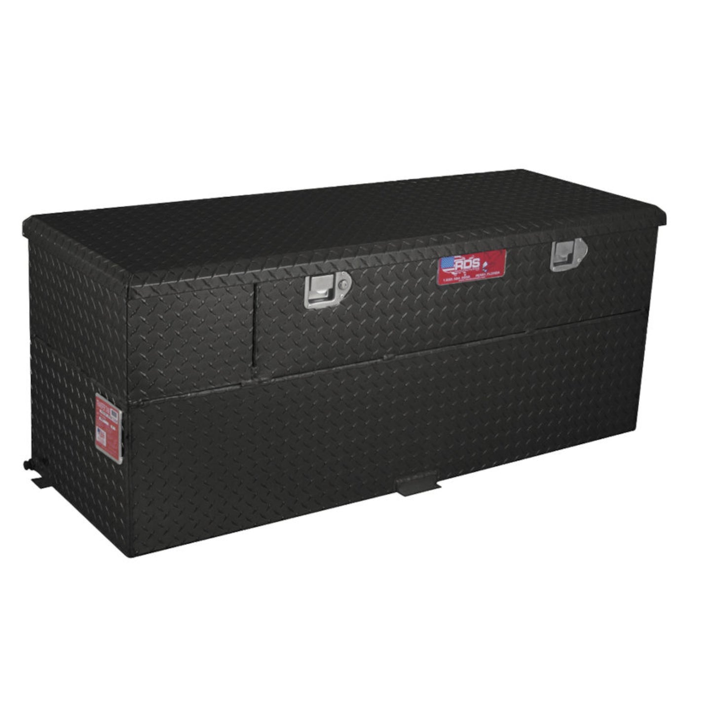 RDS 60-gallon black diamond-plate transfer fuel tank with toolbox and pump: lockable lid, fill cap, vent, bracket, and integrated pump for easy transfer.