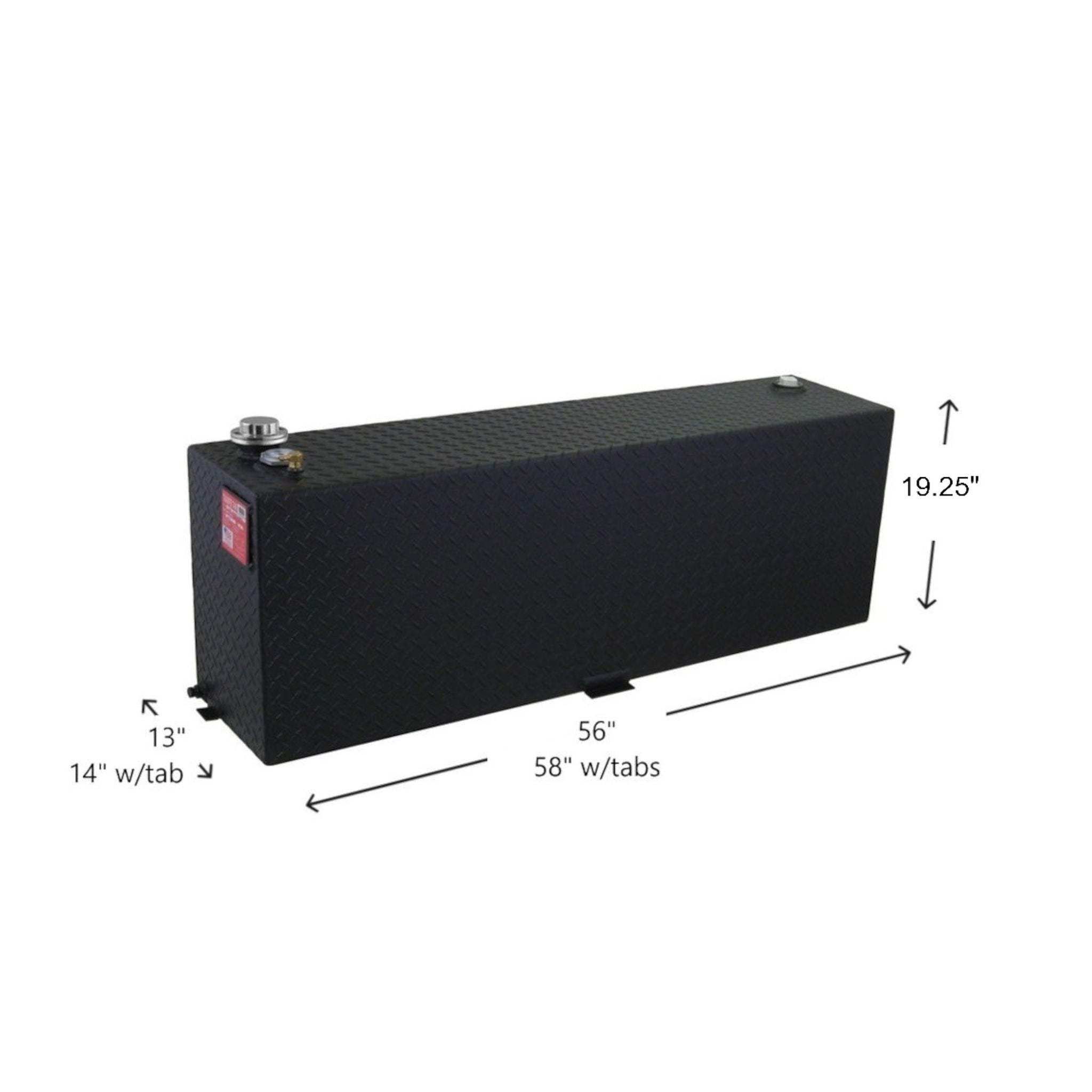 RDS 60-gallon black aluminum transfer fuel tank dimensions: 19.25"H, 13"W, 55"L body, 58"L with tabs for corrosion-resistant truck bed auxiliary storage.