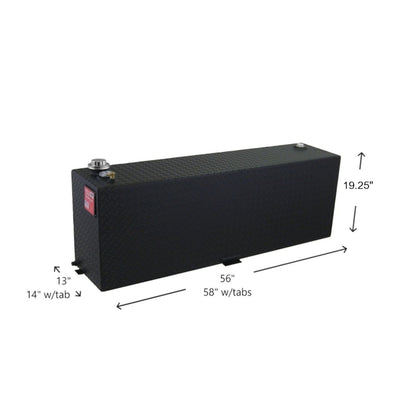 RDS 60-gallon black aluminum transfer fuel tank dimensions: 19.25"H, 13"W, 55"L body, 58"L with tabs for corrosion-resistant truck bed auxiliary storage.