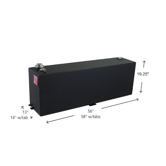 RDS 60-gallon black aluminum transfer fuel tank dimensions: 19.25"H, 13"W, 55"L body, 58"L with tabs for corrosion-resistant truck bed auxiliary storage.