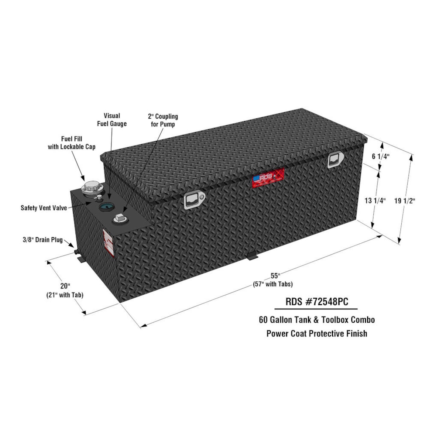 Annotated diagram of RDS 60-gallon black aluminum tank/toolbox combo: lockable fuel fill cap, visual gauge, 2" pump coupling, safety vent, and 3/8" drain plug.
