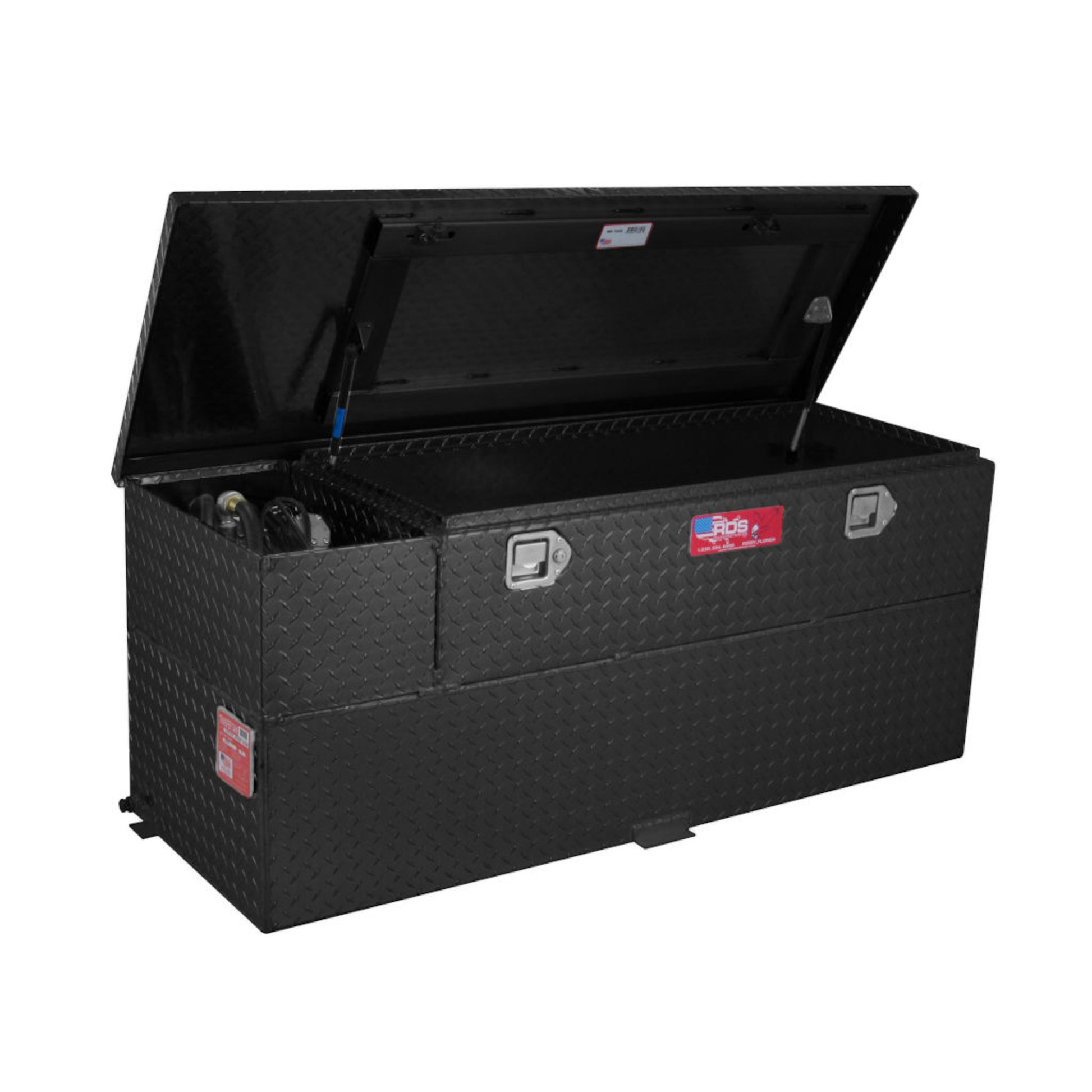 Open RDS 60-gallon black transfer tank/toolbox with pump: gas strut lid, interior storage, and installed pump with hose/nozzle for quick access.