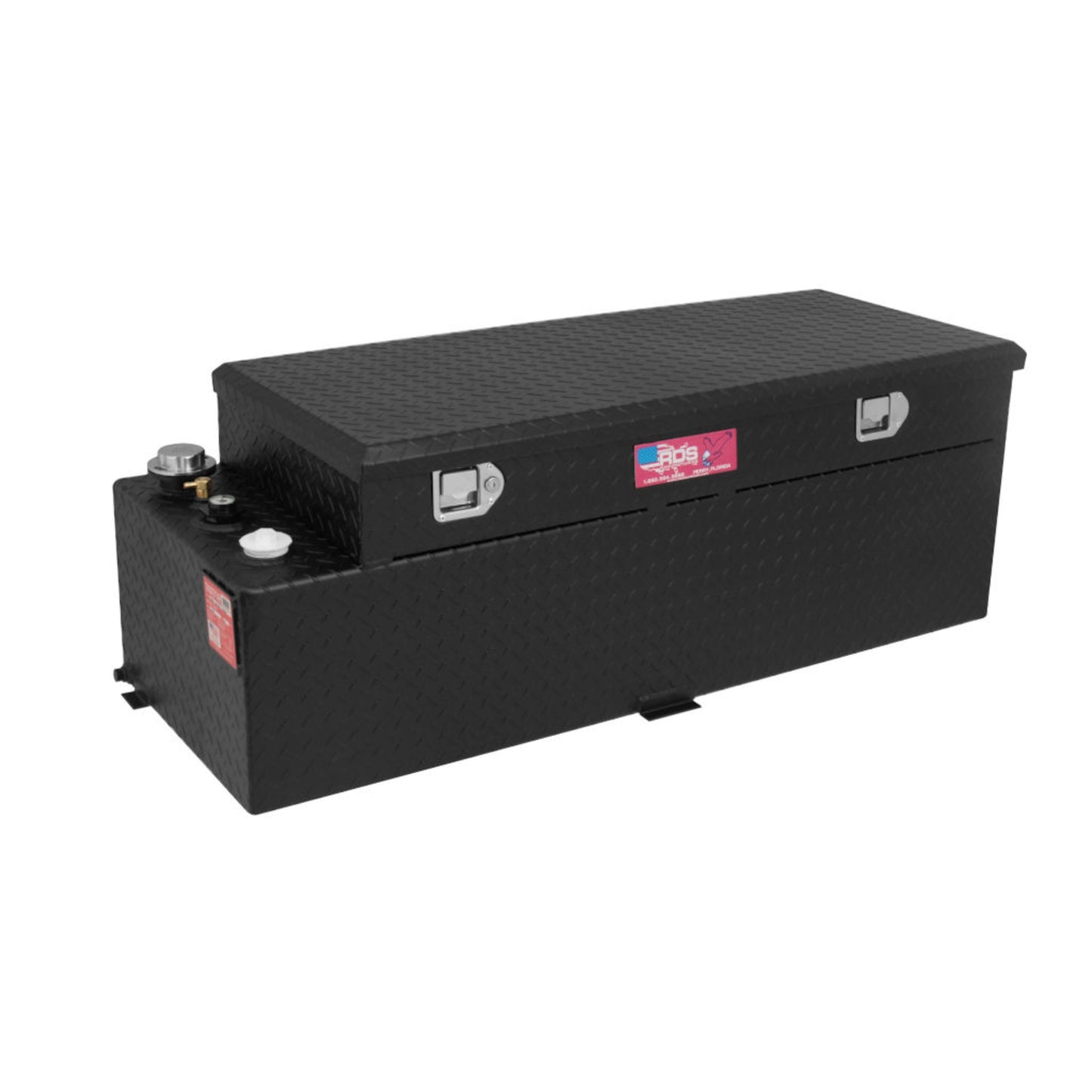 RDS 60-gallon black diamond-plate aluminum auxiliary transfer fuel tank with toolbox: lockable lid, fill cap, vent, and mounting tabs for durable use.