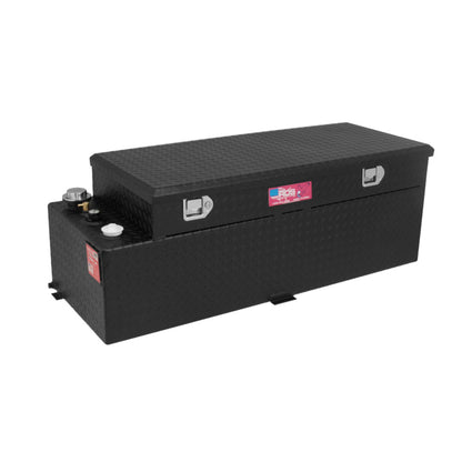 RDS 60-gallon black diamond-plate aluminum auxiliary transfer fuel tank with toolbox: lockable lid, fill cap, vent, and mounting tabs for durable use.