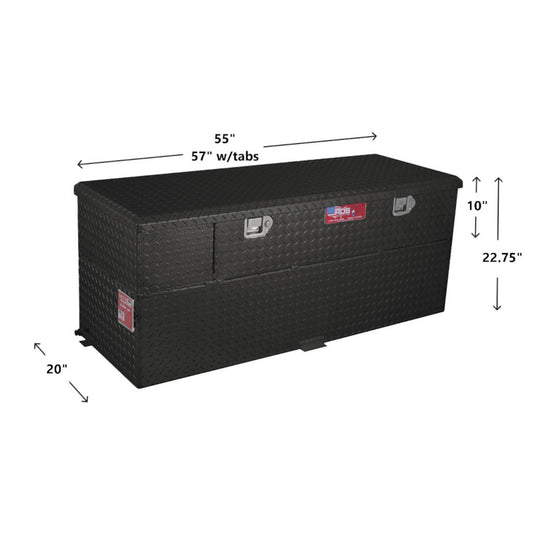 RDS 60-gallon black aluminum transfer fuel tank/toolbox with pump dimensions: 20"H tank, 10"H toolbox, 55"L body, 57"L with tabs for truck fit.