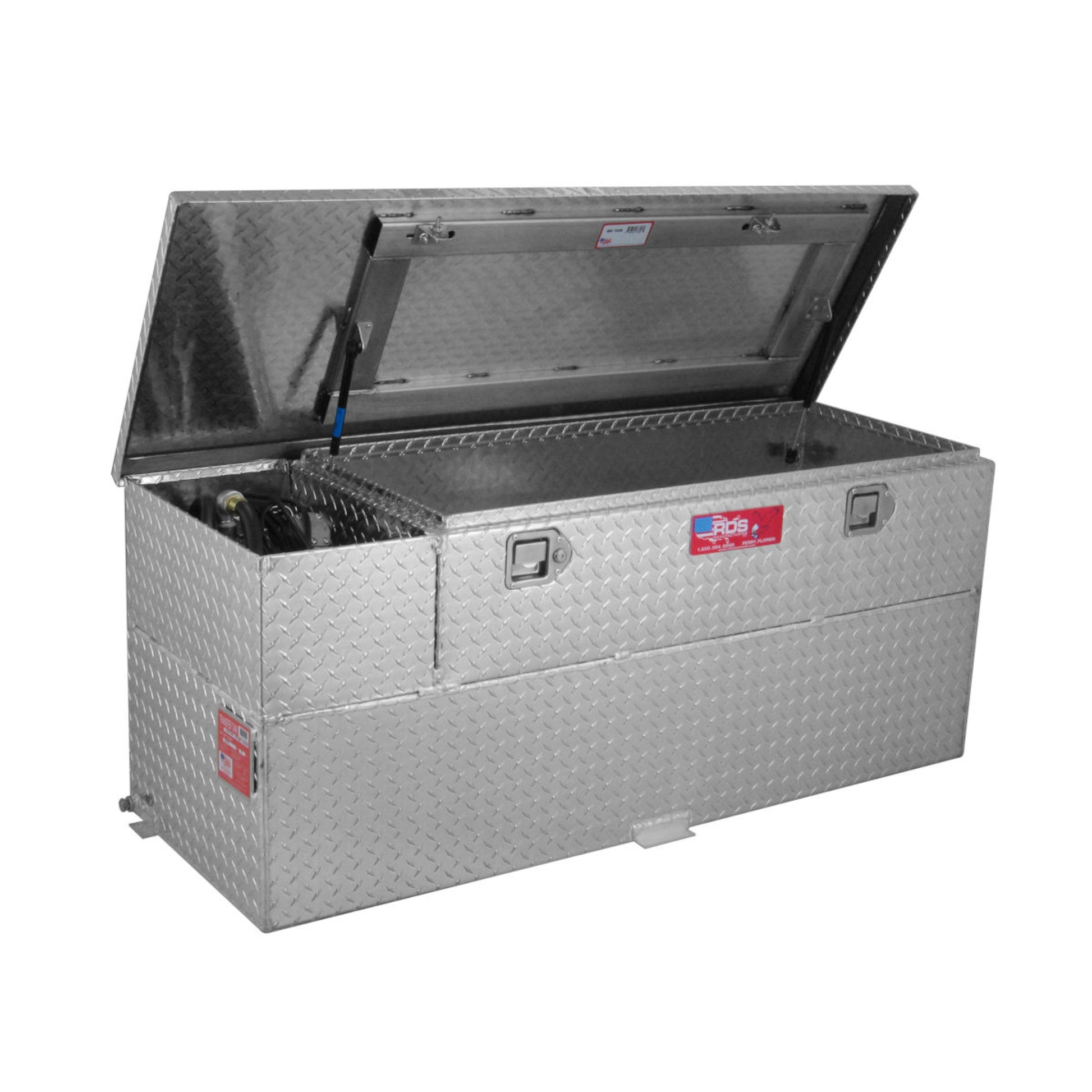 Open RDS 60-gallon transfer tank/toolbox combo: gas strut lid revealing pump, hose, nozzle, and storage for convenient fuel transfer tools.