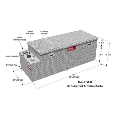 Annotated diagram of RDS 60-gallon aluminum tank/toolbox combo: lockable fuel fill cap, visual gauge, 2" pump coupling, safety vent, and 3/8" drain plug.
