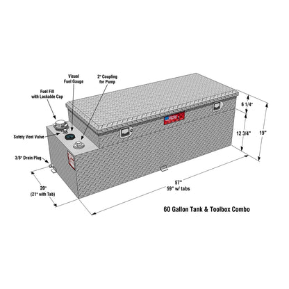 60-gallon RDS transfer fuel tank toolbox combo dimensions: 57" L x 20" W x 19" H (59" & 21" w/tabs), diamond-plate aluminum with lockable lid
