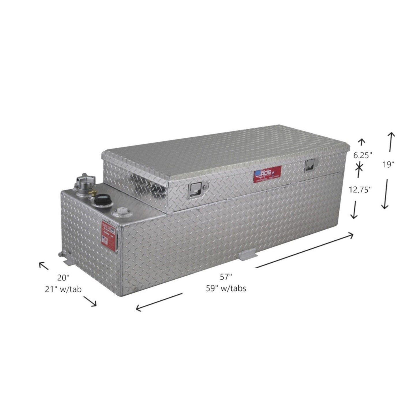 60-gallon RDS transfer fuel tank toolbox combo dimensions: 57" L x 20" W x 19" H (59" & 21" w/tabs), diamond-plate aluminum with lockable lid