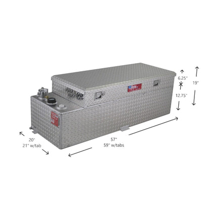 60-gallon RDS transfer fuel tank toolbox combo dimensions: 57" L x 20" W x 19" H (59" & 21" w/tabs), diamond-plate aluminum with lockable lid