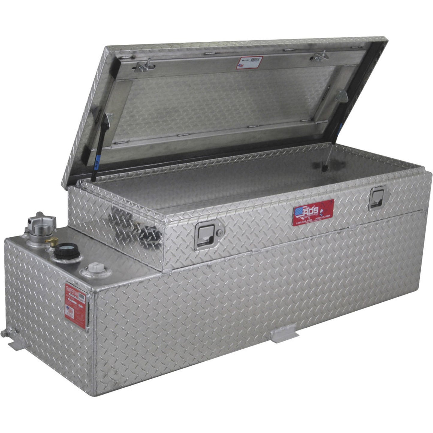Open view of RDS 60-gallon diamond-plate transfer fuel tank toolbox combo: lockable lid with strut, brass fittings, and secure tank integration
