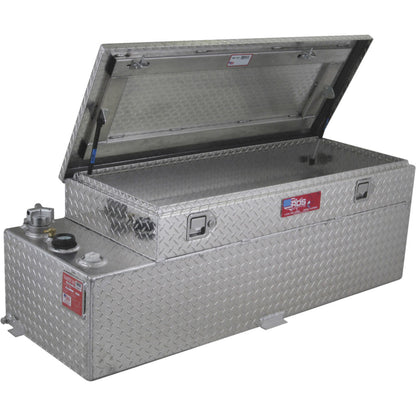 Open view of RDS 60-gallon diamond-plate transfer fuel tank toolbox combo: lockable lid with strut, brass fittings, and secure tank integration