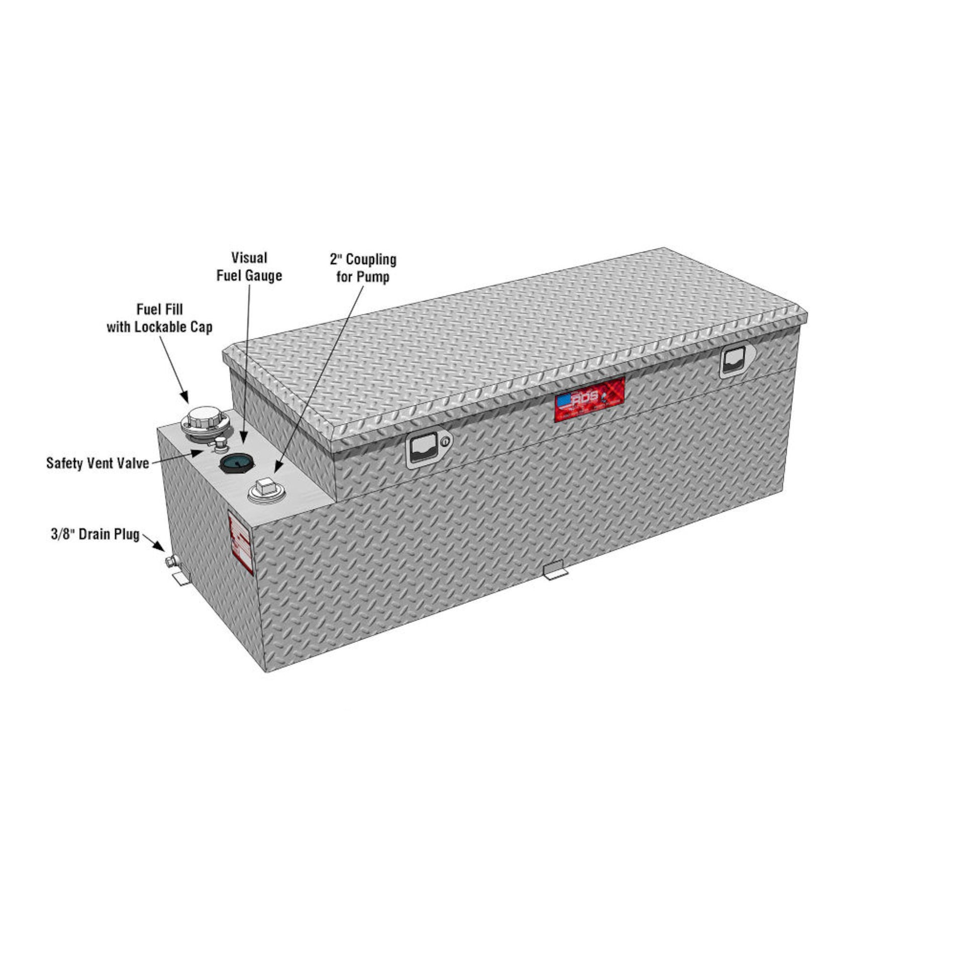 RDS 60-gallon tank toolbox combo diagram: 3/8" drain plug, safety vent, lockable fuel cap, visual gauge, 2" pump coupling for secure transfer