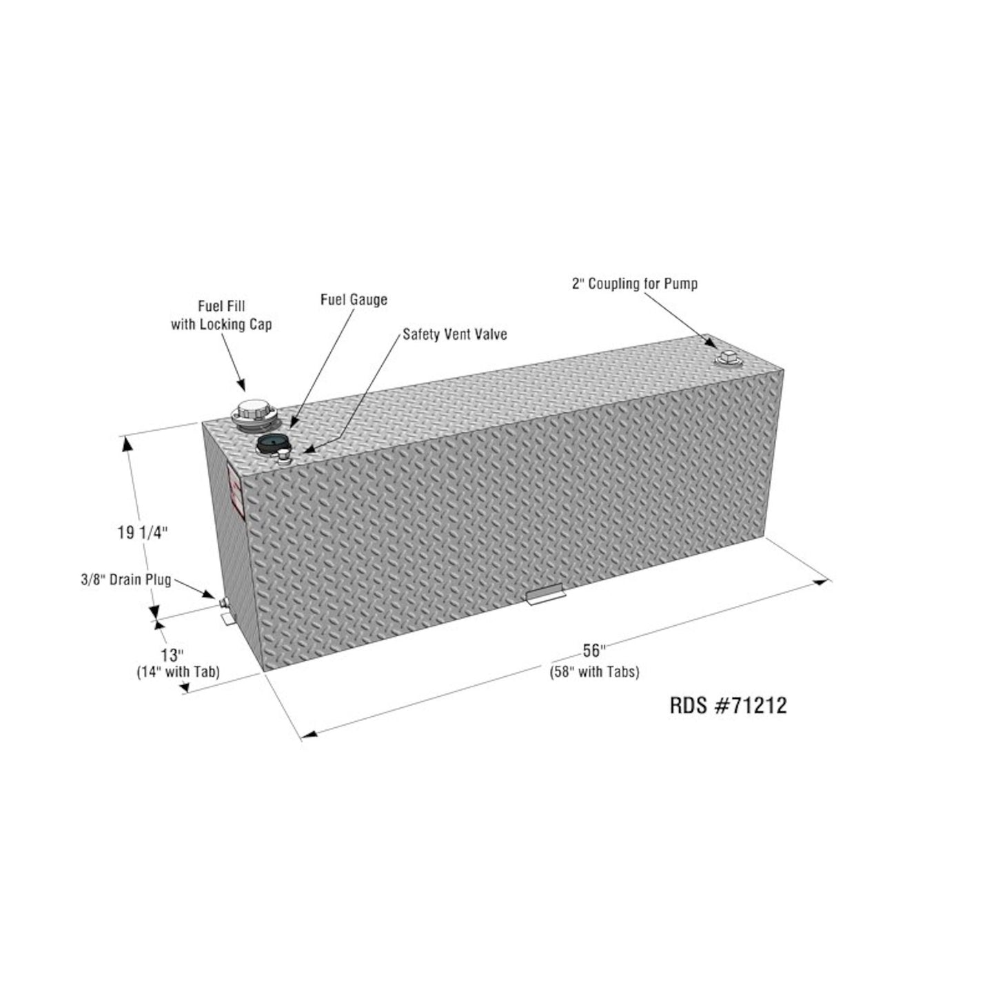 Annotated parts diagram for RDS 60-gallon aluminum tank: Spin secure locking cap, fuel gauge, safety vent valve, 2" pump coupling, 3/8" drain plug, and optional sending unit.