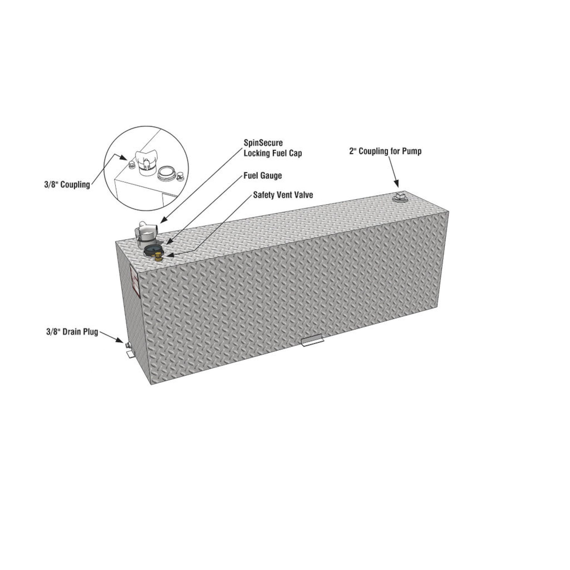 Annotated parts diagram for RDS 60-gallon aluminum tank: Spin secure locking cap, fuel gauge, safety vent valve, 2" pump coupling, 3/8" drain plug, and optional sending unit.
