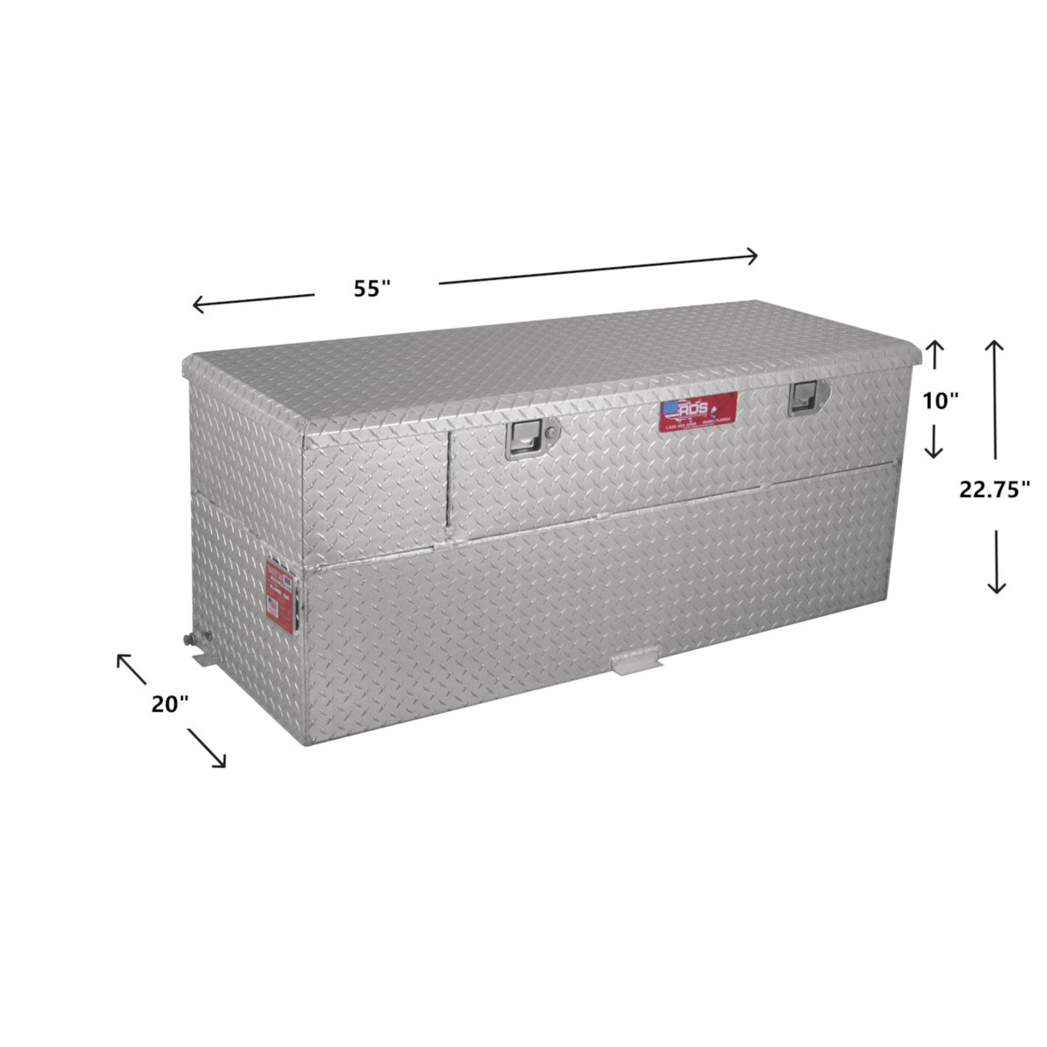 RDS 60-gallon transfer fuel tank/toolbox dimensions: 20"H tank, 10"H toolbox, 55"L body, 57"L with tabs for precise truck bed installation.