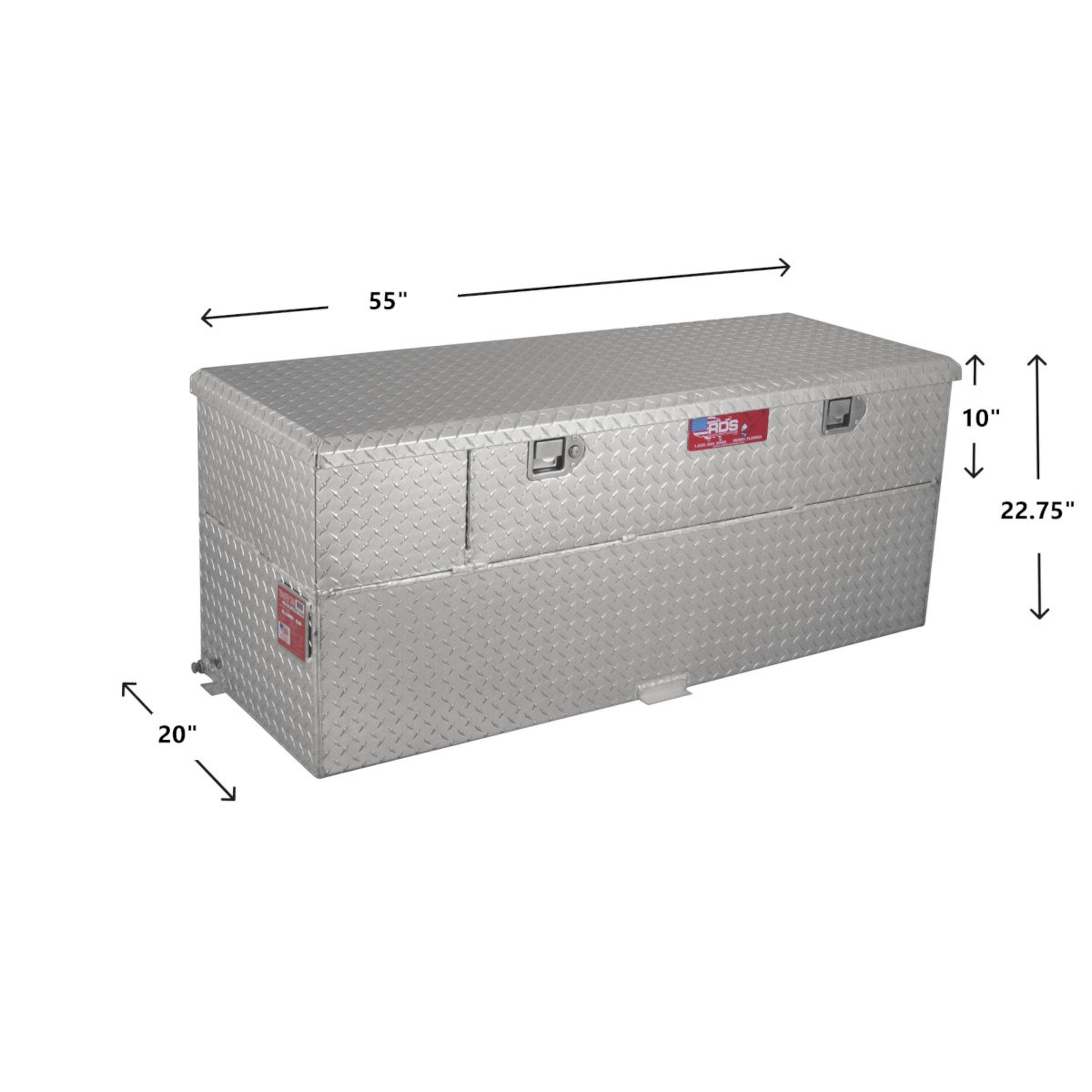 RDS 60-gallon transfer fuel tank/toolbox dimensions: 20"H tank, 10"H toolbox, 55"L body, 57"L with tabs for precise truck bed installation.