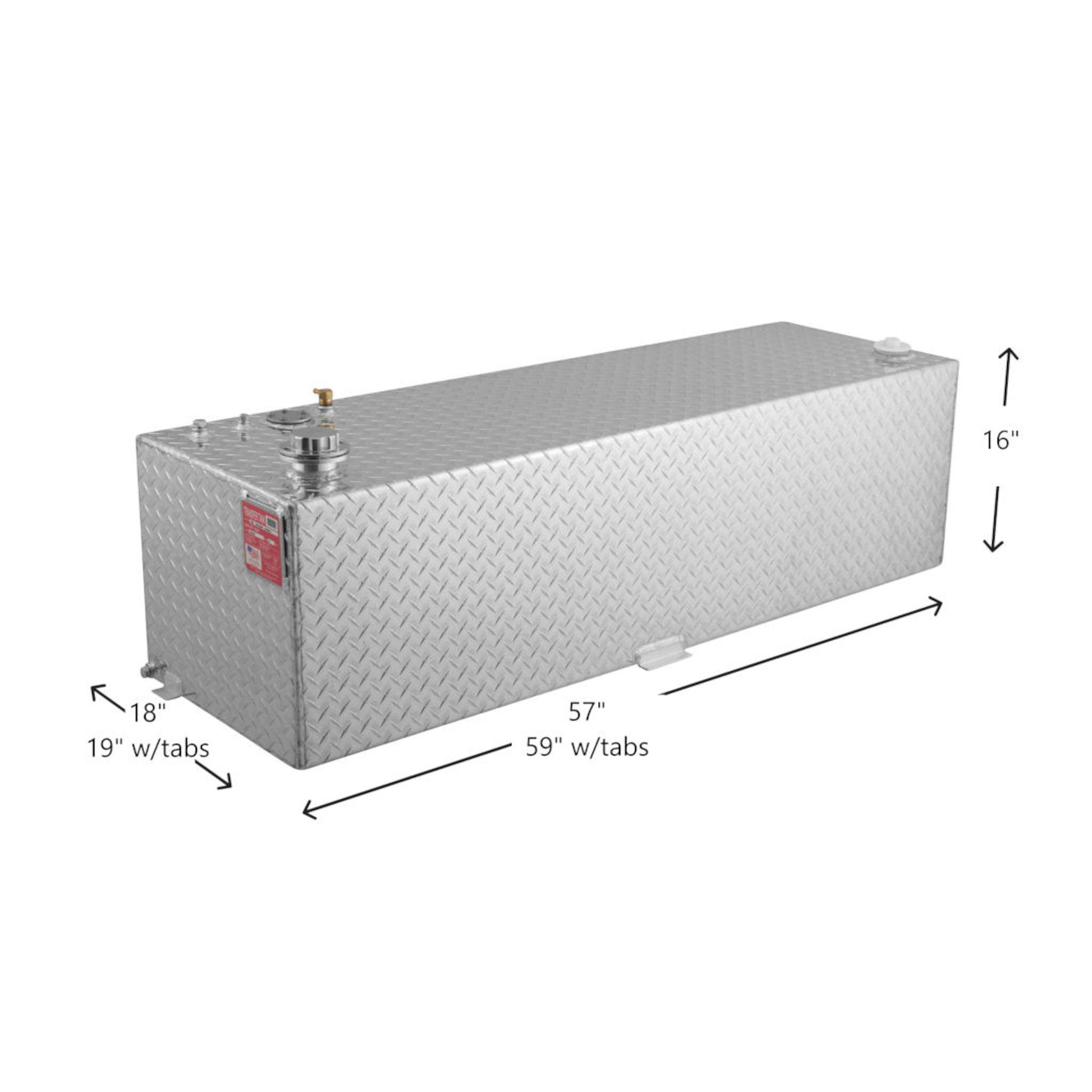 69-gallon RDS aluminum transfer fuel tank dimensions: 57" L x 18" W x 16" H (59" & 19" w/tabs), diamond-plate with fill cap
