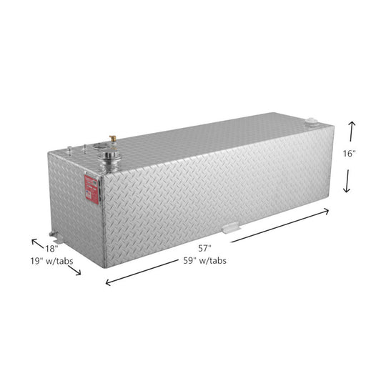 69-gallon RDS aluminum transfer fuel tank dimensions: 57" L x 18" W x 16" H (59" & 19" w/tabs), diamond-plate with fill cap
