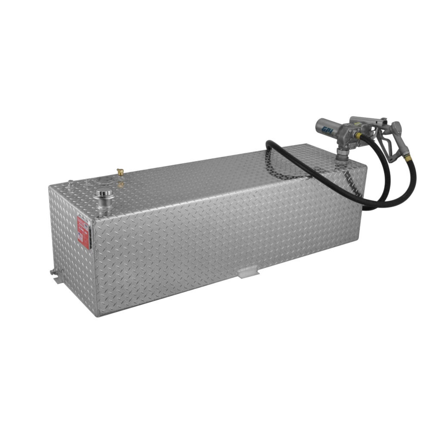 69-gallon RDS diamond-plate aluminum transfer fuel tank with attached GPI 12V pump, hose, and nozzle for easy fuel dispensing
