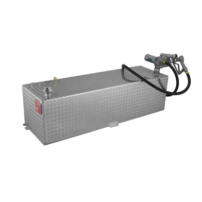 69-gallon RDS diamond-plate aluminum transfer fuel tank with attached GPI 12V pump, hose, and nozzle for easy fuel dispensing
