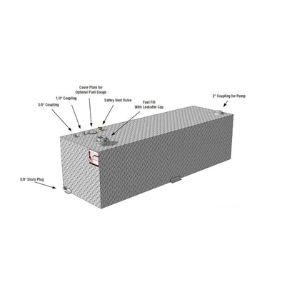 69-gallon RDS aluminum transfer fuel tank diagram: 3/8" drain plug, 1" & 2" couplings, safety vent, lockable fill cap, optional gauge plate
