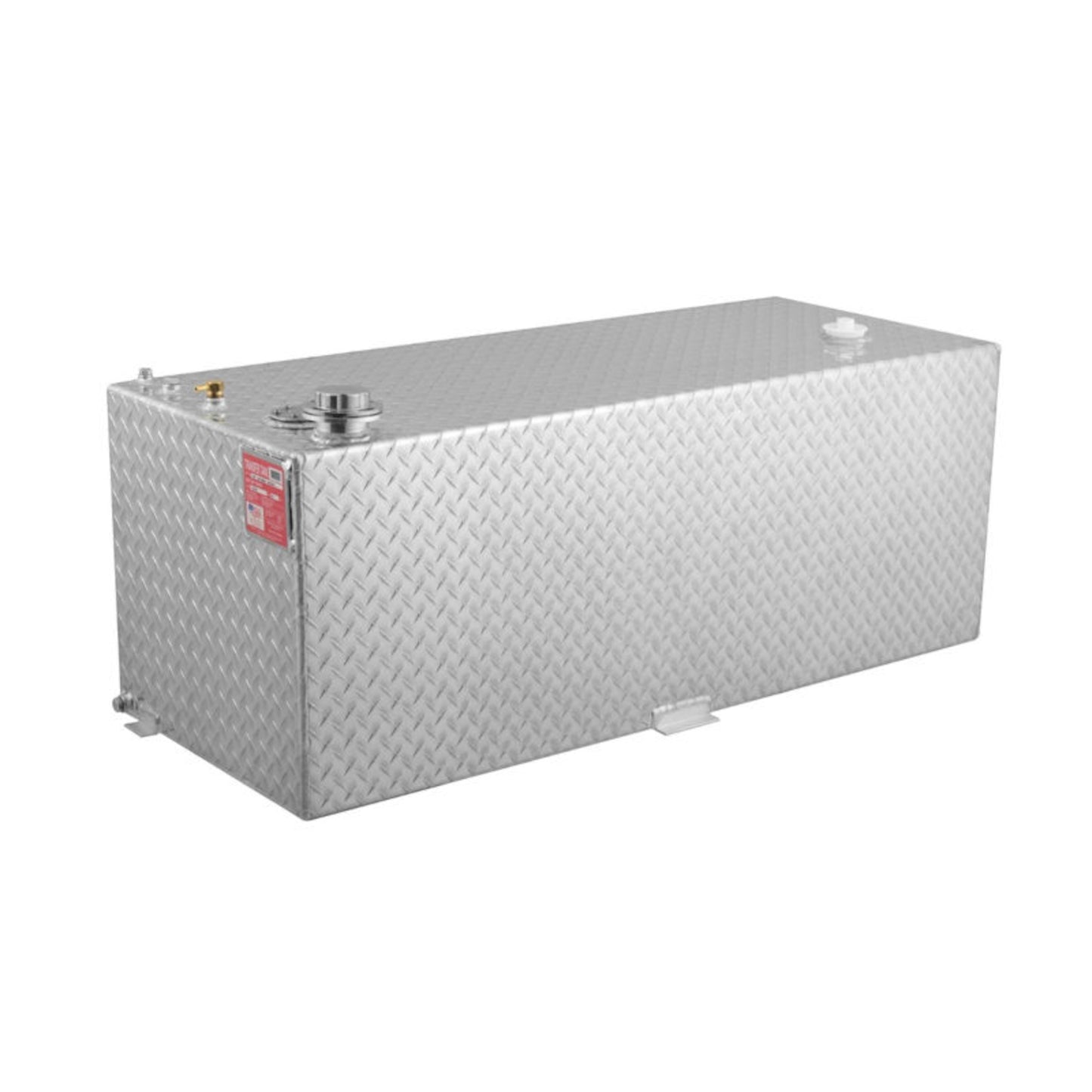 RDS 80-gallon diamond-plate aluminum transfer fuel tank with brass vent fitting, locking fill cap, red compliance label, and mounting tabs