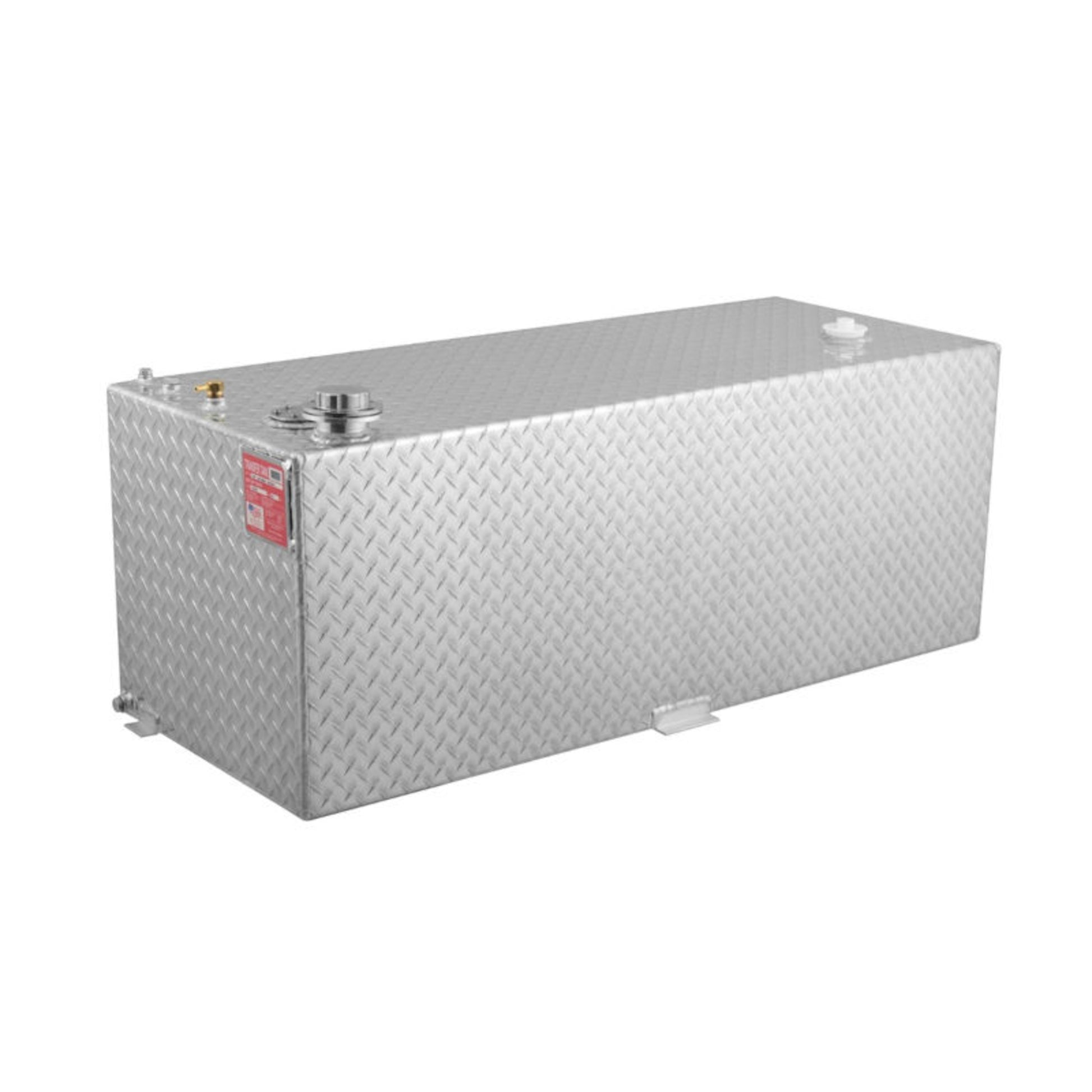 RDS 80-gallon diamond-plate aluminum transfer fuel tank with brass vent fitting, locking fill cap, red compliance label, and mounting tabs