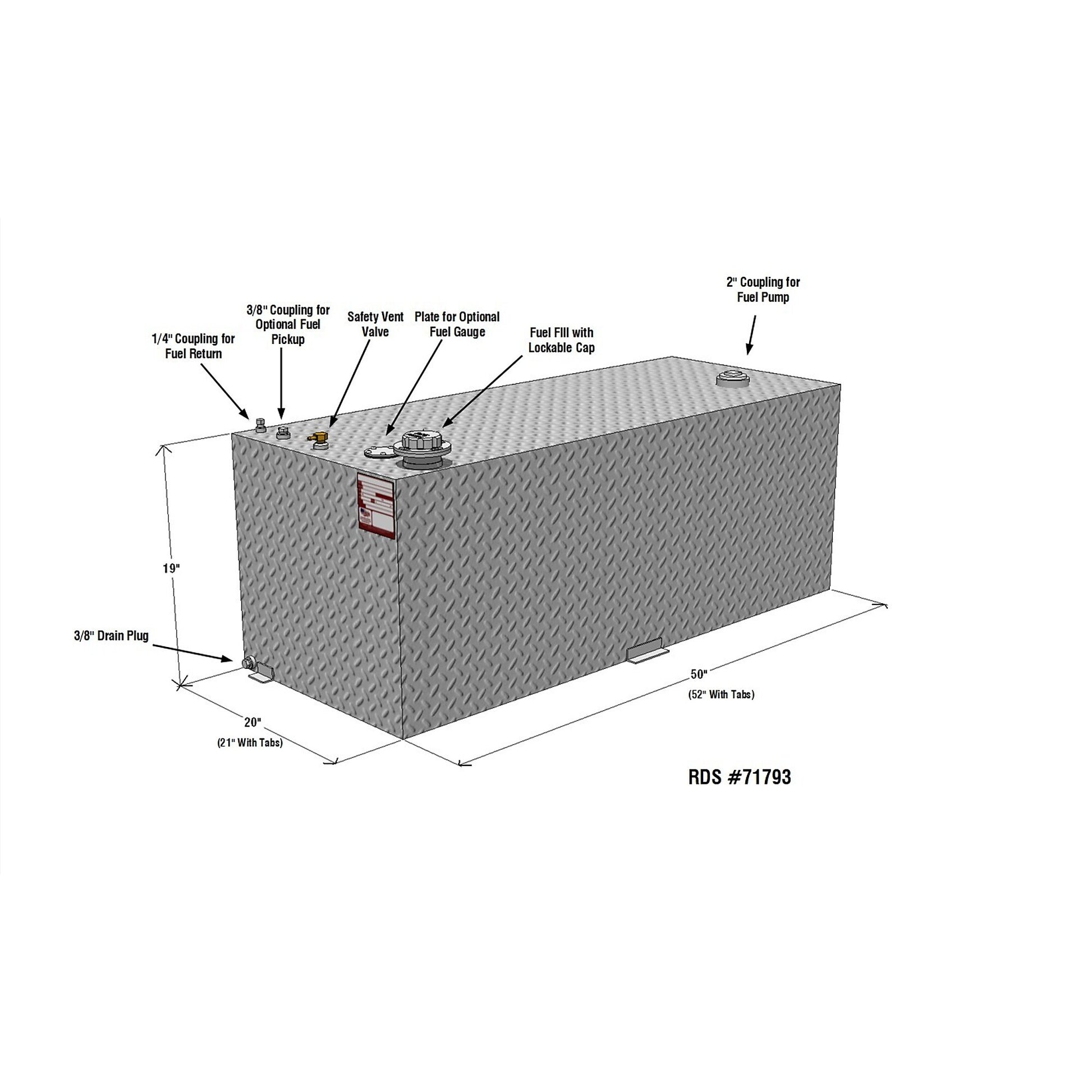 80-gallon RDS aluminum transfer fuel tank dimensions: 50" L x 20" W x 19" H (52" & 21" w/tabs), diamond-plate with brass fittings and tabs with parts breakdown