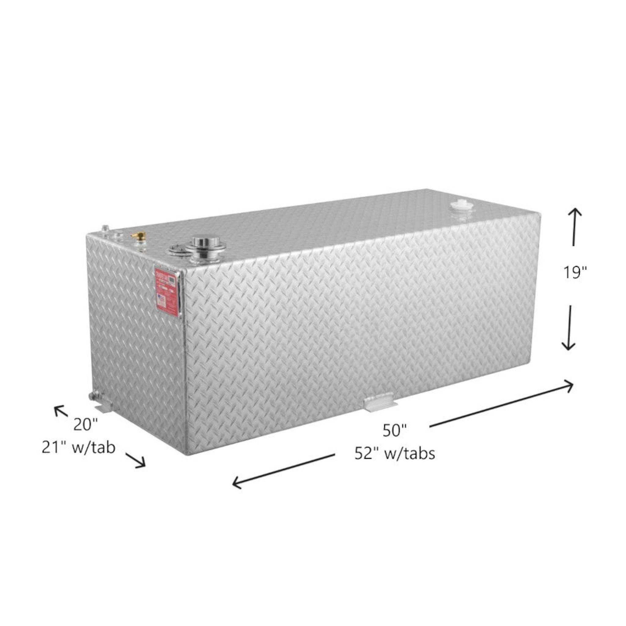 80-gallon RDS aluminum transfer fuel tank dimensions: 50" L x 20" W x 19" H (52" & 21" w/tabs), diamond-plate with brass fittings and tabs