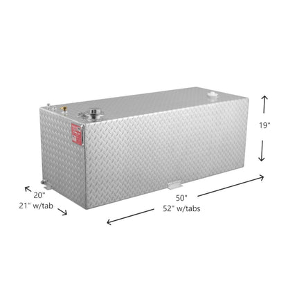 80-gallon RDS aluminum transfer fuel tank dimensions: 50" L x 20" W x 19" H (52" & 21" w/tabs), diamond-plate with brass fittings and tabs