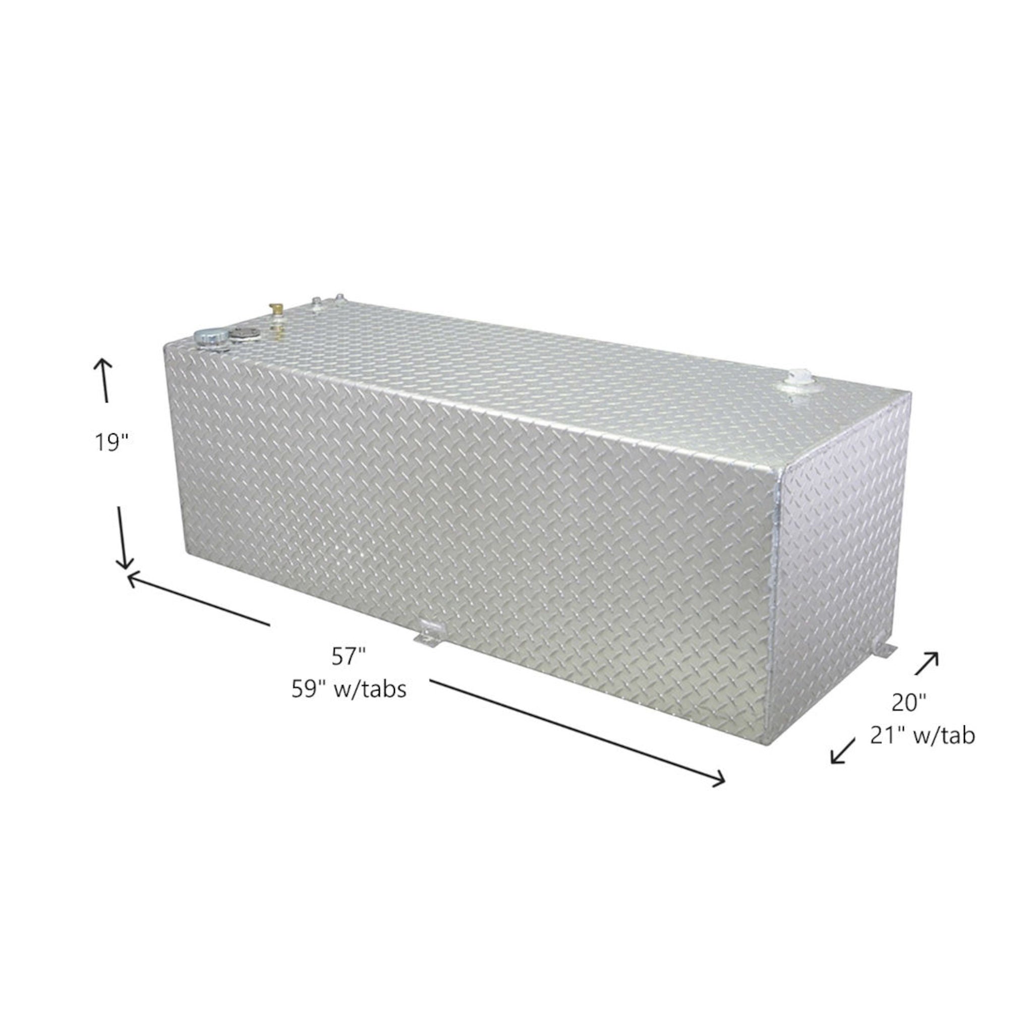 91-gallon RDS diamond-plate aluminum transfer fuel tank dimensions: 57" L x 20" W x 19" H (59" & 21" w/tabs), with brass fittings and mounting tabs