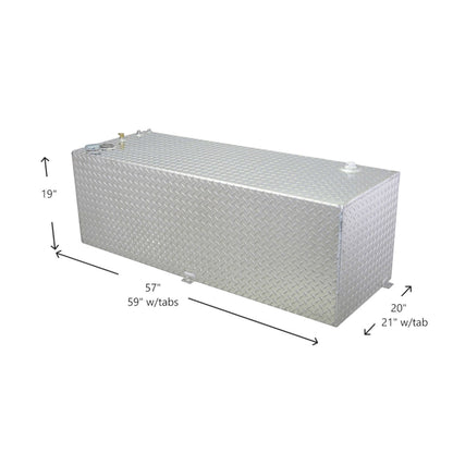 91-gallon RDS diamond-plate aluminum transfer fuel tank dimensions: 57" L x 20" W x 19" H (59" & 21" w/tabs), with brass fittings and mounting tabs