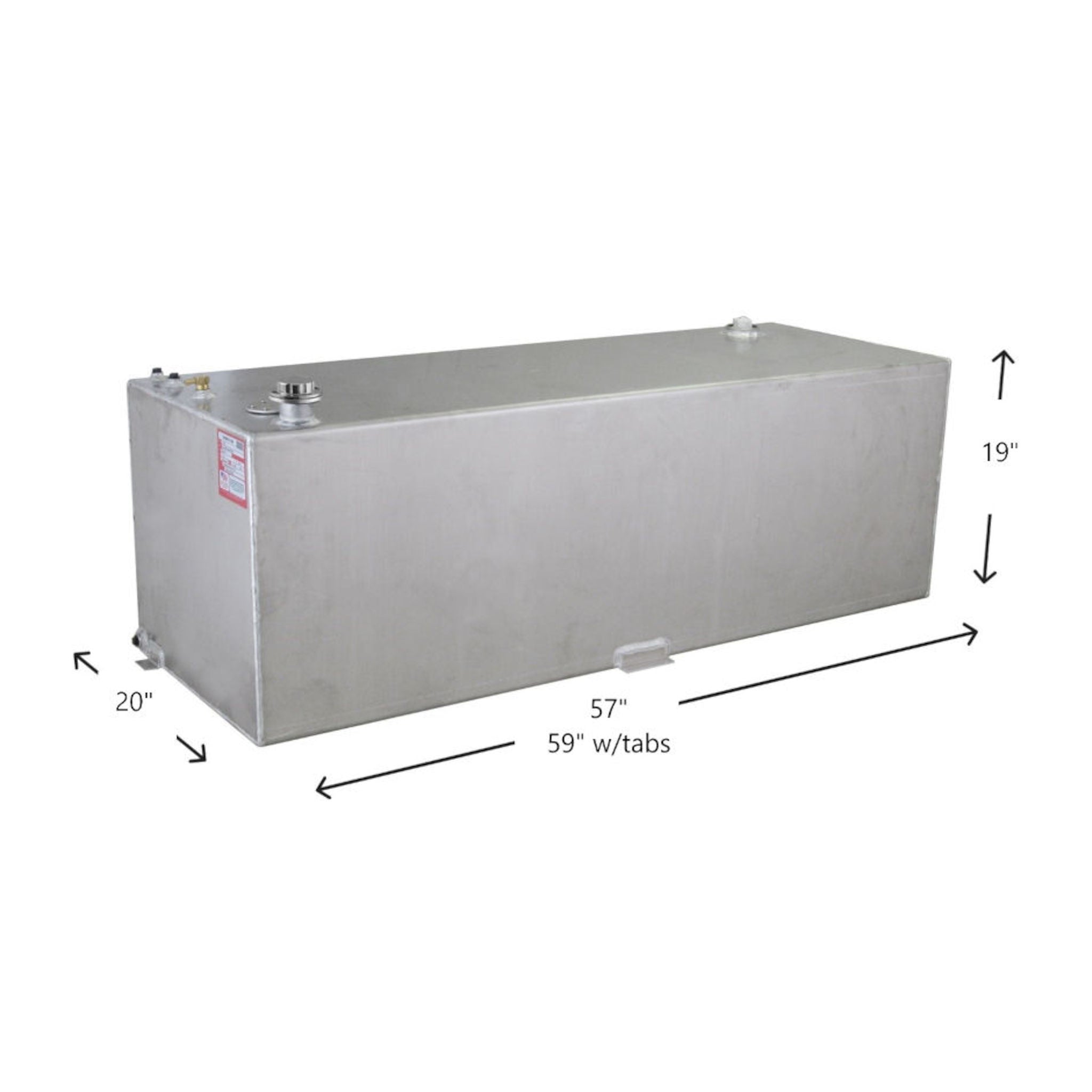 91-gallon RDS aluminum transfer fuel tank dimensions: 57" L x 20" W x 19" H (59" w/tabs), mill finish with brass fittings and mounting tabs