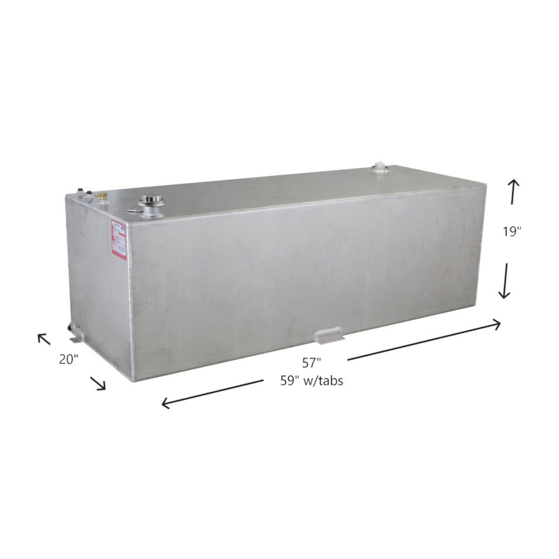 91-gallon RDS aluminum transfer fuel tank dimensions: 57" L x 20" W x 19" H (59" w/tabs), mill finish with brass fittings and mounting tabs