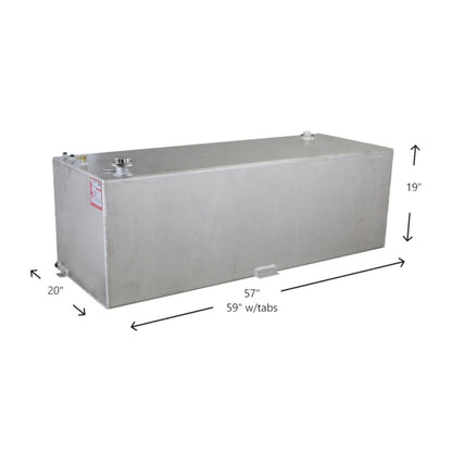 91-gallon RDS aluminum transfer fuel tank dimensions: 57" L x 20" W x 19" H (59" w/tabs), mill finish with brass fittings and mounting tabs