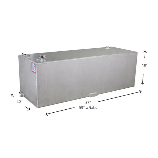 91-gallon RDS aluminum transfer fuel tank dimensions: 57" L x 20" W x 19" H (59" w/tabs), mill finish with brass fittings and mounting tabs