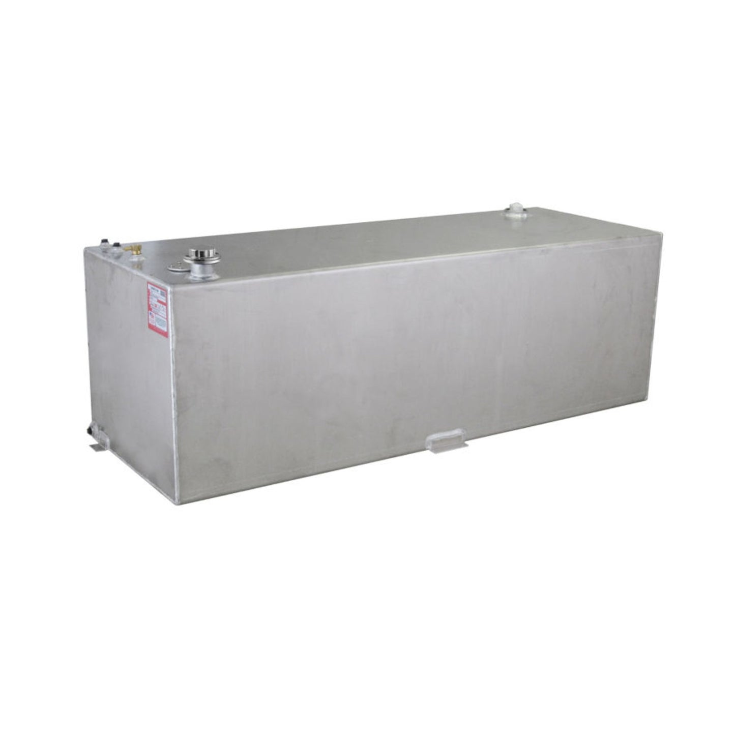 RDS 91-gallon mill finish aluminum transfer fuel tank with brass vent fitting, locking fill cap, red label, and secure mounting tabs