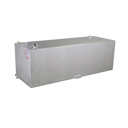 RDS 91-gallon mill finish aluminum transfer fuel tank with brass vent fitting, locking fill cap, red label, and secure mounting tabs