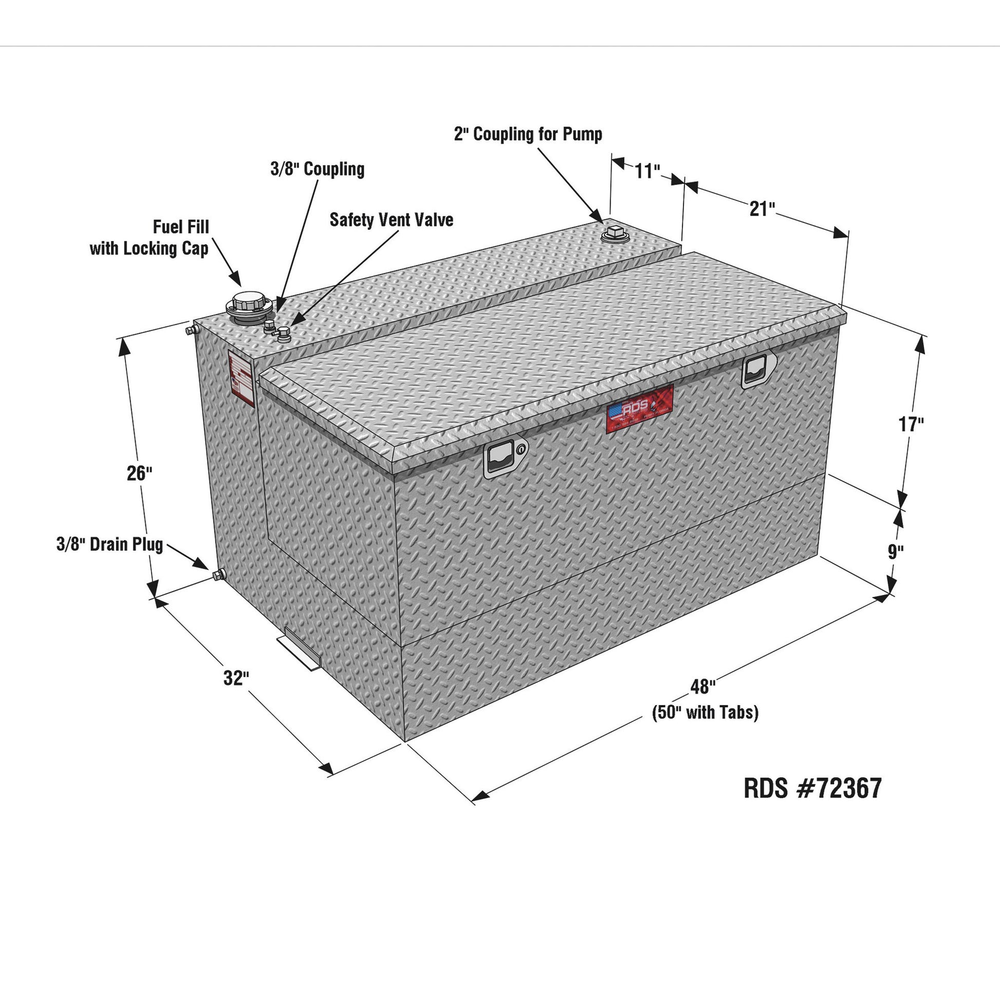 RDS 95-gallon aluminum transfer fuel tank/toolbox dimensions: 32"H total, 21"W, 50"L with tabs, 17"H tank for precise truck bed fit.