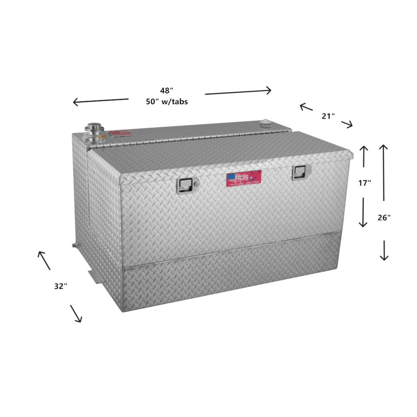 RDS 95-gallon aluminum transfer fuel tank/toolbox dimensions: 32"H total, 21"W, 50"L with tabs, 17"H tank for precise truck bed fit.