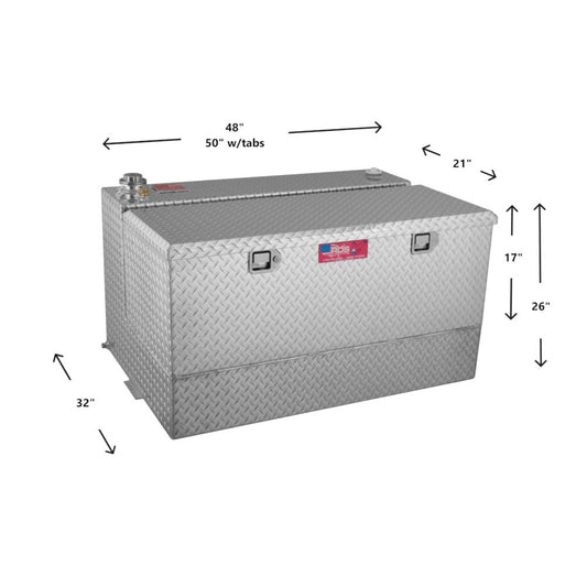 RDS 95-gallon aluminum transfer fuel tank/toolbox dimensions: 32"H total, 21"W, 50"L with tabs, 17"H tank for precise truck bed fit.
