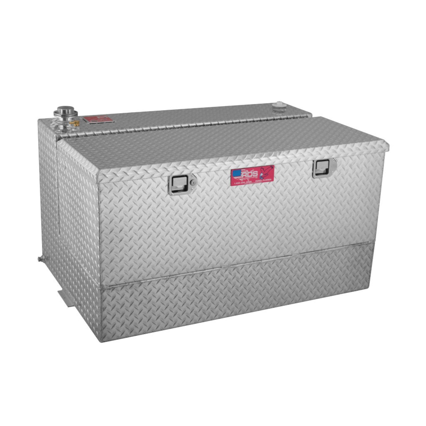 RDS 95-gallon diamond-plate aluminum auxiliary transfer fuel tank with toolbox: lockable lid, fill cap, vent, and tabs for secure truck mounting.