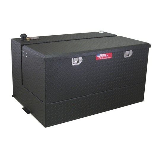 RDS 95-gallon black diamond-plate aluminum auxiliary transfer fuel tank with toolbox: lockable lid, fill cap, vent, and tabs for rugged truck mounting.